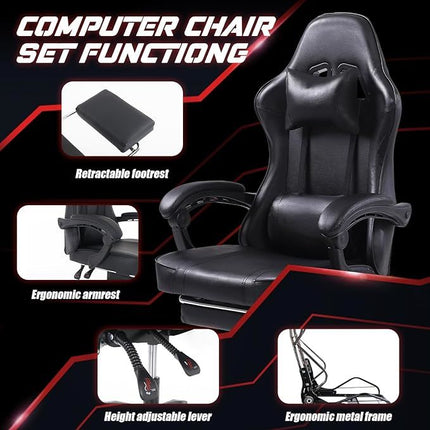 Video Game Chairs for Adults, PU Leather Gaming Chair with Footrest, 360°Swivel Adjustable Lumbar Pillow Gamer Chair, Comfortable Computer Chair for Heavy People