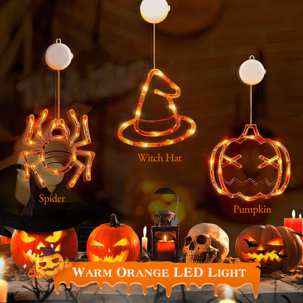 3 Pack Halloween Window Light Spider Witch Hat Pumpkin with Orange Light Hanging Halloween Decoration Light with Suction Cup Hanging Holes