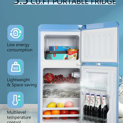 KRIB BLING 3.5Cu.Ft Compact Refrigerator Mini Fridge with Freezer, Small Refrigerator with 2 Door, 7 Level Thermostat Removable Shelves for Kitchen, Dorm, Apartment, Bar, Office, Silver/Black/Blue