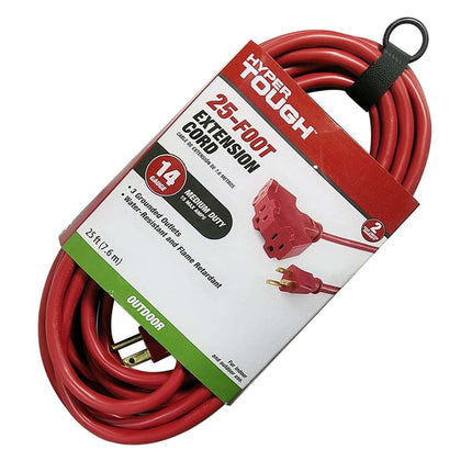 Hyper Tough 25FT 14AWG 3 Prong Red Triple Outlet Outdoor Extension Cord, 15 amps