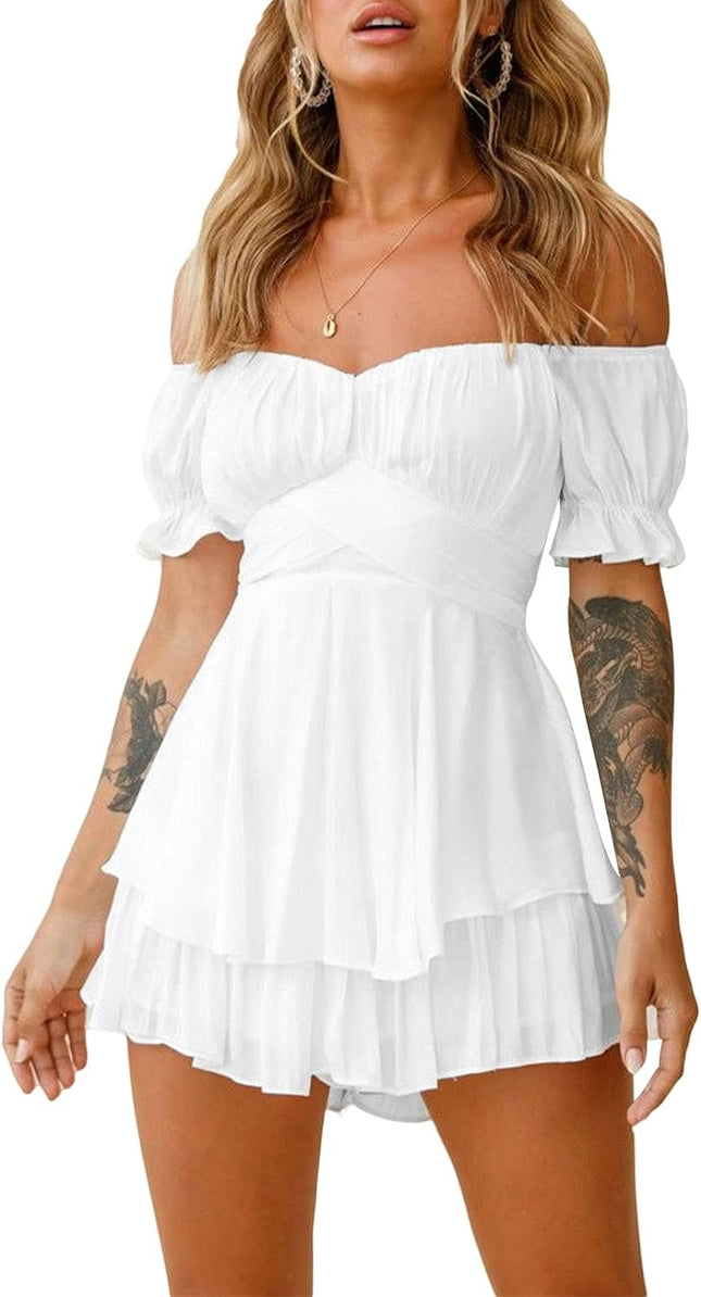 Women Boho Romper off Shoulder Ruffle Chiffon Shorts Jumpsuit Playsuits