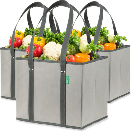 Reusable Grocery Bags (3 Pack) – Heavy Duty Reusable Shopping Bags with Box Shape to Stand Up, Stay Open, Fold Flat – Large Tote Bags with Long Handles & Reinforced Bottom (Gray)