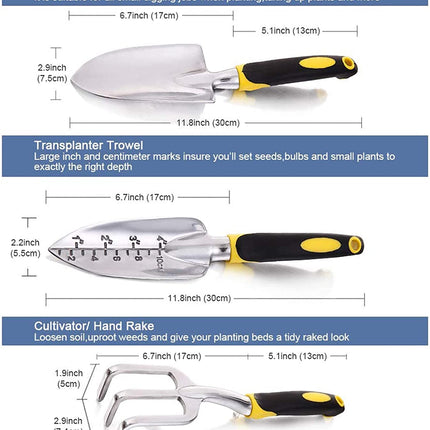 Garden Tools Set, 3 Pcs Aluminum Lightweight Gardening Tool Kit with Soft Rubberized Handle Heavy Duty Durable Garden Hand Shovel Transplant Trowel and Hand Rake Garden Gift Kit
