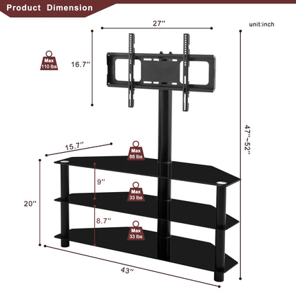 Corner TV Stand, 3-Tier Glass Floor TV Stand with Mount for 32-70" TV