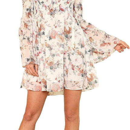 Women'S Casual Floral Print off Shoulder Trumpet Sleeve Swing Dress