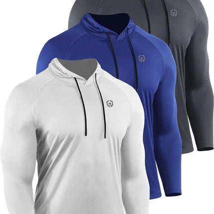 Men'S 3 Pack Mesh Running Shirt Long Sleeve Workout Athletic Shirts with Hoods,5095,White/Grey/Blue,3Xl