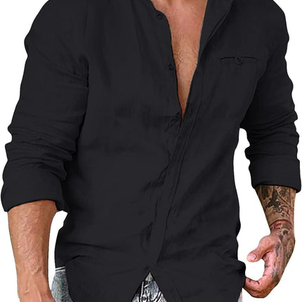 Mens Linen Casual Button down Shirts Long Sleeve Summer Dress Shirt Mandarin Collar Beach Yoga Tops with Pocket Black