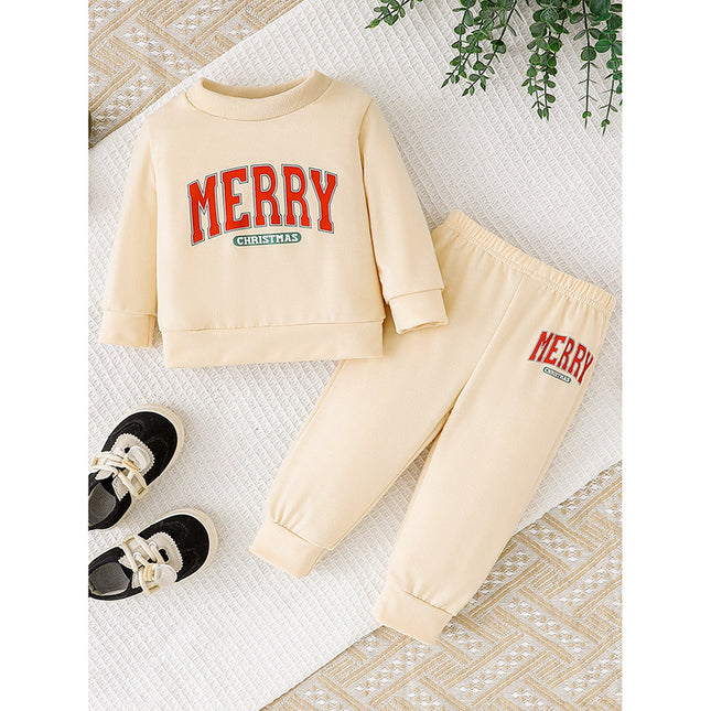 Baby Girls 2Pcs Christmas Outfits MERRY Christmas Letter Print Round Neck Long Sleeve Sweatshirt & Pants Set
