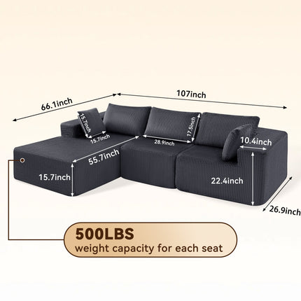 108-inch Modular Combination Sofa, Modern Modular L-shaped Sofa With A Lounge Chair, Upholstered Boneless Sofa