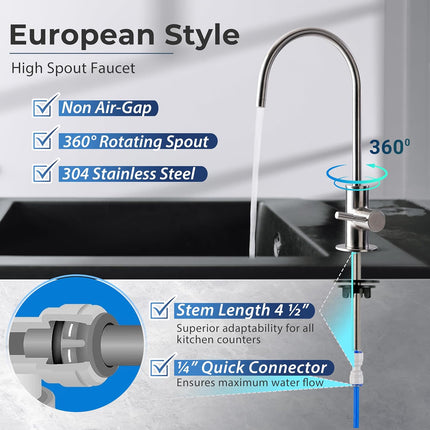 GA1-BN Drinking Water RO Faucet for Kitchen Sink, Heavy-Duty Lead-Free Reverse Osmosis Faucet for RO Water Filtration System, Non-Air Gap 100% Stainless Steel RO Faucet, Brushed Nickel Finish