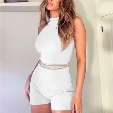 Women'S High Neck Sleeveless Short Jumpsuit Bodycon Party Romper White