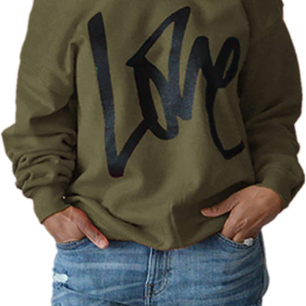 Womens Oversized Sweatshirt Love Letter Printed off Shoulder Sweatshirt Loose Slouchy Pullover Tops(Army Green,M)