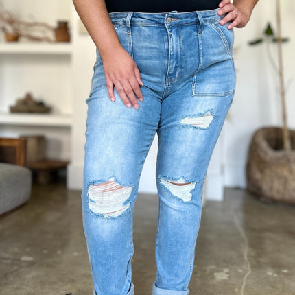 Judy Blue Full Size Distressed Straight Jeans with Patch Pockets