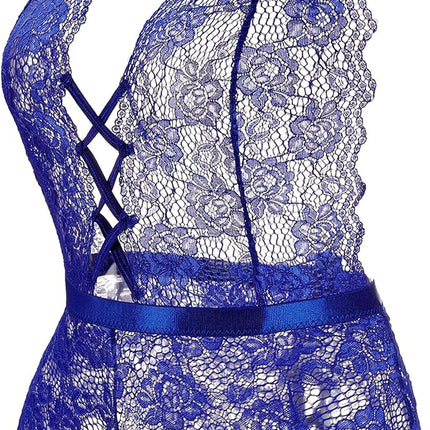 Plus Size Lingerie for Women Sexy Halter Teddy Bodysuit Lace Deep V One Piece Chemise Clubwear Blue,Xxl