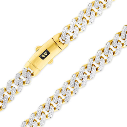 10K Yellow Gold 7.5Mm Monaco Miami Cuban Diamond Cut Pave Link Chain Necklace, Mens Jewelry Fancy Box Clasp 18" - 30"