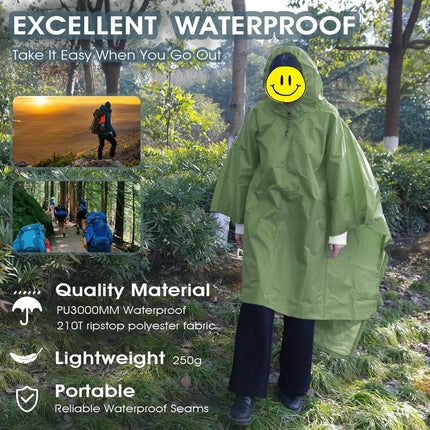 Waterproof Rain Poncho Lightweight Reusable Hiking Hooded Coat Jacket Unisex Raincoat for Hiking Camping Emergency