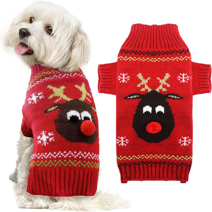 Ugly Christmas Dog Sweater Reindeer Xmas Dog Outfits Pet Dog Holiday Costumes Red Puppy Cat Winter Knitwear Clothes Turtleneck Warm Jumper Clothes for Small Medium Large Dogs(Red,M)