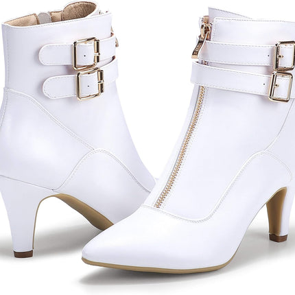 Women'S Buckle Strap Ankle Booties 3 Inch Pointed Toe Zipper Heels Dress Jeans Boots