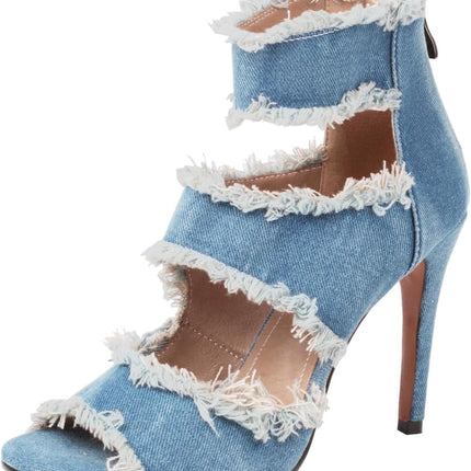 Women‘S Denim Heels Ankle Strap Peep Toe Heeled Sandals