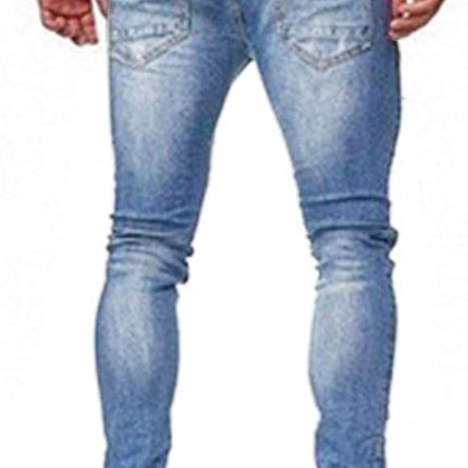 Men'S Blue Slim Fit Jeans Stretch Destroyed Ripped Skinny Jeans Side Striped Denim Pants