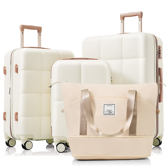 4-piece Suitcase Set With USB Port, Expandable ABS Durable Suitcase With Travel Bag, Cup Holder, With Spinner Wheels, Beige