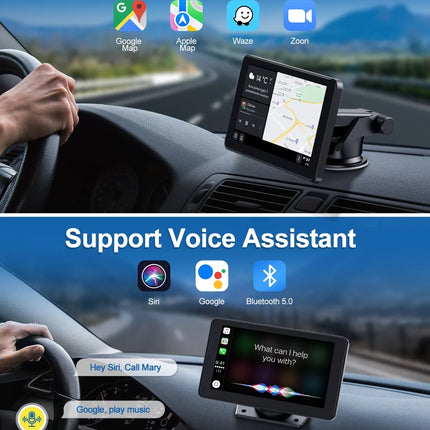 Portable 7 Inch Wireless Apple Carplay & Android Auto with Reverse Camera, 1080P HD Touchscreen GPS Navigation Car Stereo, Car Radio Receiver with Bluetooth, Mirror Link, FM, Siri