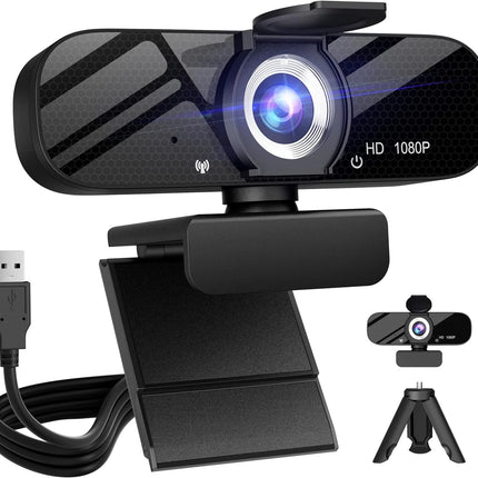 Full HD 1080P Webcam with Privacy Shutter and Tripod, Pro Streaming Web Camera with Microphone, Widescreen USB Computer Camera for Laptop Desktop