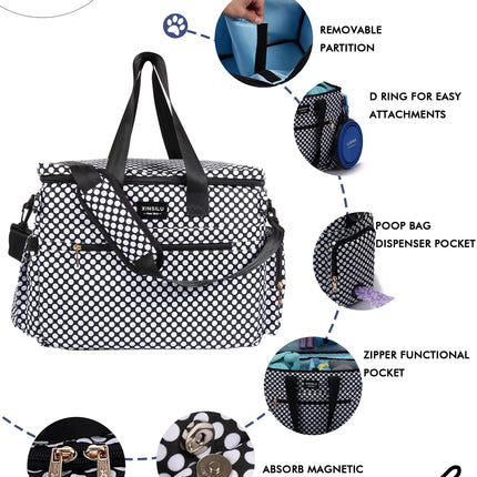 Dog Travel Bag, Weekend Pet Travel Set for Dog and Cat, Airline Approved Tote Organizer with Multi-Function Pockets-Polka Dots