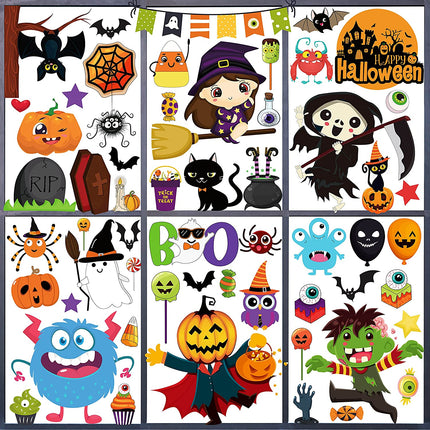 200PCS Halloween Window Clings Cute Halloween Window Clings Cute Pumpkin Witch Ghost Halloween Window Stickers Halloween Decorations Party Supplies（9 Sheets）