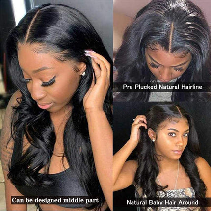 4X4 HD Transparent Body Wave Lace Front Wigs Human Hair with Baby Hair Bleached Knots Black Color 180% Density Brazilian Lace Glueless Human Hair Wigs for Black Women (26 Inch, Natural Black)