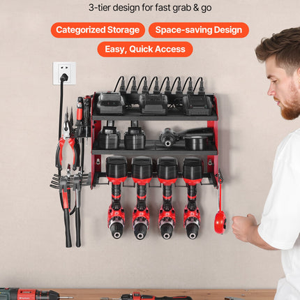 Power Tool Organizer With Charging Station, 3-Layer Drill Storage Rack With 4 Drill Holders & Side Pegboard, Garage Tool Organizer Built In 8 Outlet Power Strips For Garage, Workbench, Workshop