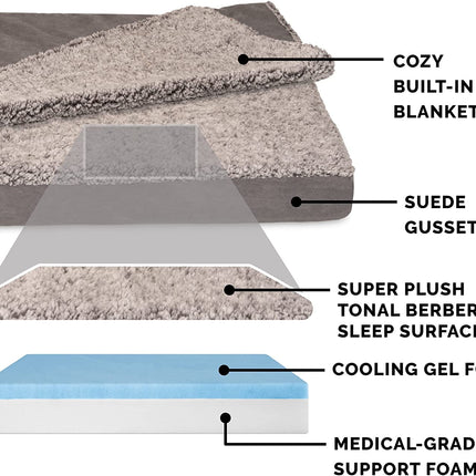 Cooling Gel Dog Bed for Large Dogs W/ Removable Washable Cover, for Dogs up to 95 Lbs - Berber & Suede Blanket Top Mattress - Gray, Jumbo/Xl