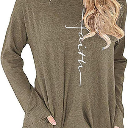 Women'S Casual Faith Printed round Neck Sweatshirt T-Shirts Tops Blouse with Pocket