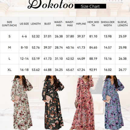 Blue Floral Print Maxi Dress for Women Fall Chiffon Deep V Neck Long Sleeves Ruffle Hem Party Dresses Fashion Elastic Cuffs Boho Dresses for Holiday Vacation, US 4-6(S)