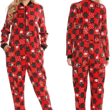 Matching Christmas One Piece Pajamas Fleece Onesie Sleepwear Hooded Zip-Up Jumpsuit with Pockets