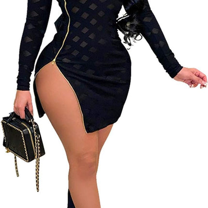 Women Sexy Sheer Mesh Boydcon Midi Dress See through Printed Long Sleeve Midi Skinny Clubwear Party Dress