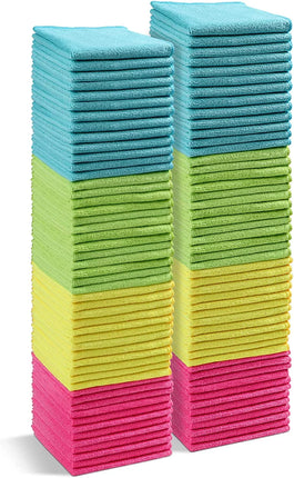 Microfiber Cleaning Cloth,100 Pack Cleaning Rag,Cleaning Towels with 4 Color Assorted,12"X12"(Green/Blue/Yellow/Pink)