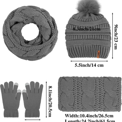 Womens Winter Warm Sets Knitted Fur Pompoms Beanie Hat Circle Loop Scarf Touch Screen Gloves Winter Favor Accessories