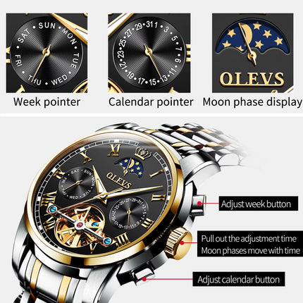 Automatic Watches for Men Skeleton Mechanical Self Winding Luxury Business Dress Mens Watches Moon Phase Day Date Waterproof Luminous Reloj with Gift Box, Male 6617C