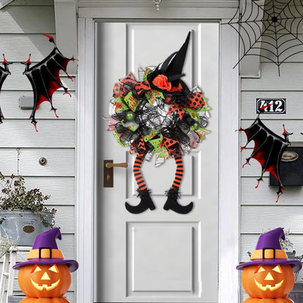 29 Inch Halloween Wreath with Hat Leg Pumpkin Door Wreath, Haunted House Decoration Pendant, Halloween Party Pendant