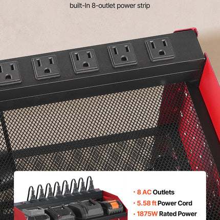 Power Tool Organizer With Charging Station, 3-Layer Drill Storage Rack With 4 Drill Holders & Side Pegboard, Garage Tool Organizer Built In 8 Outlet Power Strips For Garage, Workbench, Workshop