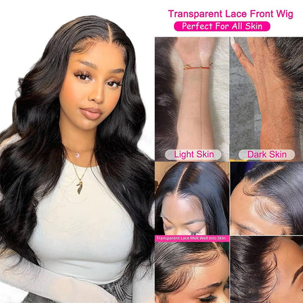 4X4 HD Transparent Body Wave Lace Front Wigs Human Hair with Baby Hair Bleached Knots Black Color 180% Density Brazilian Lace Glueless Human Hair Wigs for Black Women (26 Inch, Natural Black)