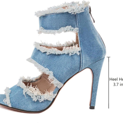 Women‘S Denim Heels Ankle Strap Peep Toe Heeled Sandals