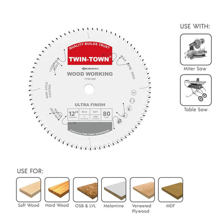 12-Inch Saw Blade, 80 Teeth,General Purpose for Soft Wood, Hard Wood & Plywood, ATB Grind, 1-Inch Arbor