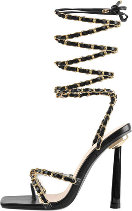 Women'S Black Heels Lace up Braided Sandals Strappy Stiletto Heels