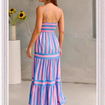 Summer Striped Printed Suspender Long Dress With Pockets Fashion Square Neck Backless Dresses For Beach Vacation Women Clothing