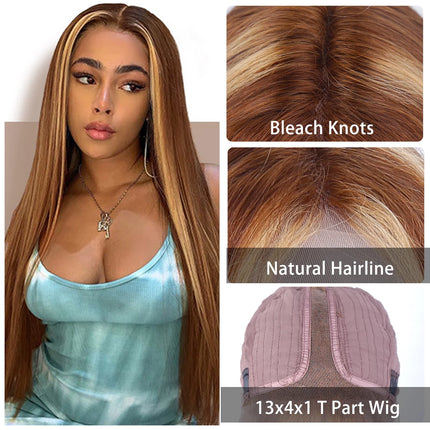 Highlight Ombre Straight Lace Front Wigs Human Hair for Black Women T Part 13X1 Glueless HD Transparent Lace Frontal Human Hair Wigs Pre Plucked 150 Density Colored P427 16Inch