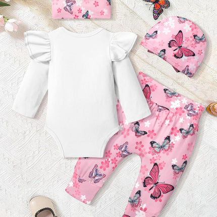 Baby Girl Clothes, Newborn Girl Letter Print Romper Tops +Cute Pants +Hat +Headband 4PCS Spring Summer Outfits Set