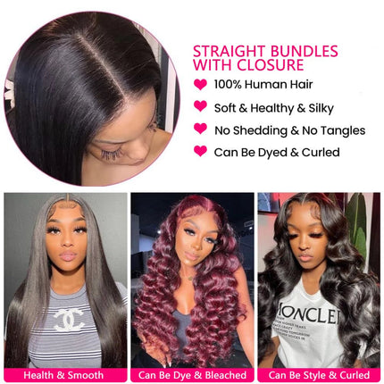 Bundles with Closure Straight Human Hair Brazilians 3 Bundles with 4X4 Lace Closure Natural Black Color 18 20 22+16