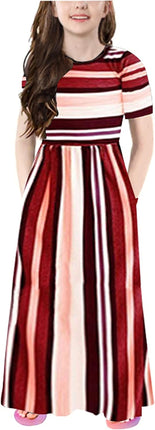 Girl'S Summer Short Long Sleeve Stripe Holiday Dress Maxi Dress with Pocket Size 6-12T